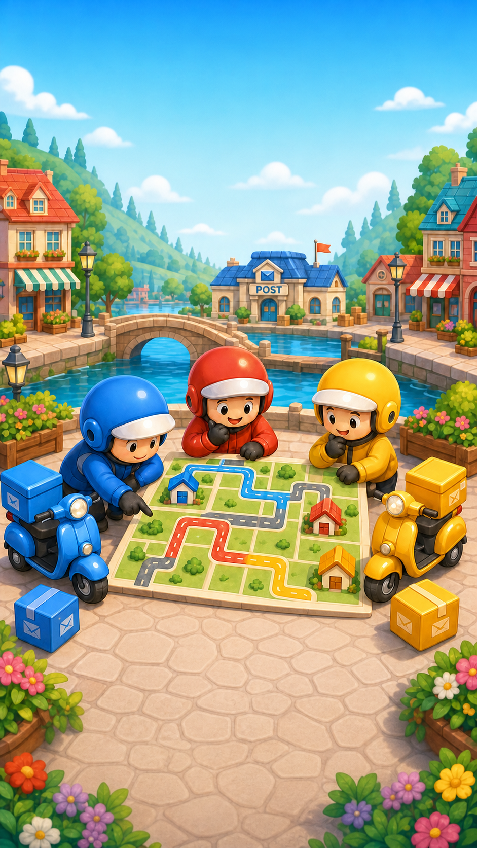 Colorful CozyCourier town and courier scene